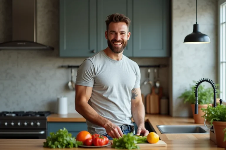 Homme préparant un repas sain dans une cuisine moderne
