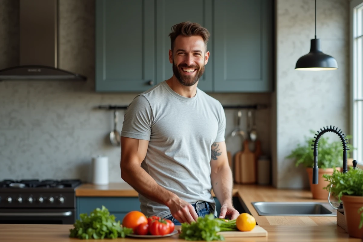 Homme préparant un repas sain dans une cuisine moderne