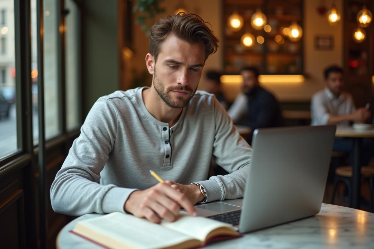 Jeune homme étudiant la grammaire française avec un guide de conjugaison ouvert dans un café parisien