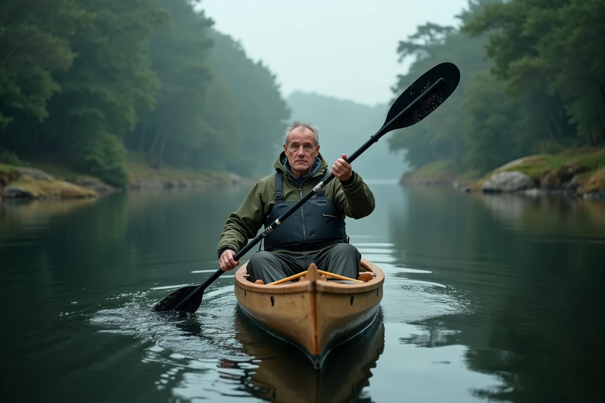 Homme en kayak de mer pagayant dans un estuaire breton entouré de forêts, activité nautique en Bretagne