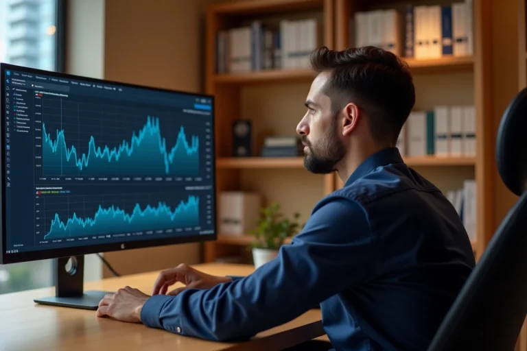 Homme analysant une plateforme d'investissement financier sur ordinateur dans un bureau moderne