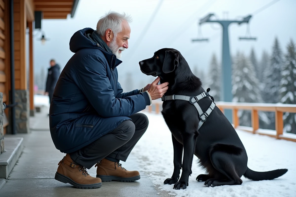 Homme âgé préparant son chien pour le ski en station