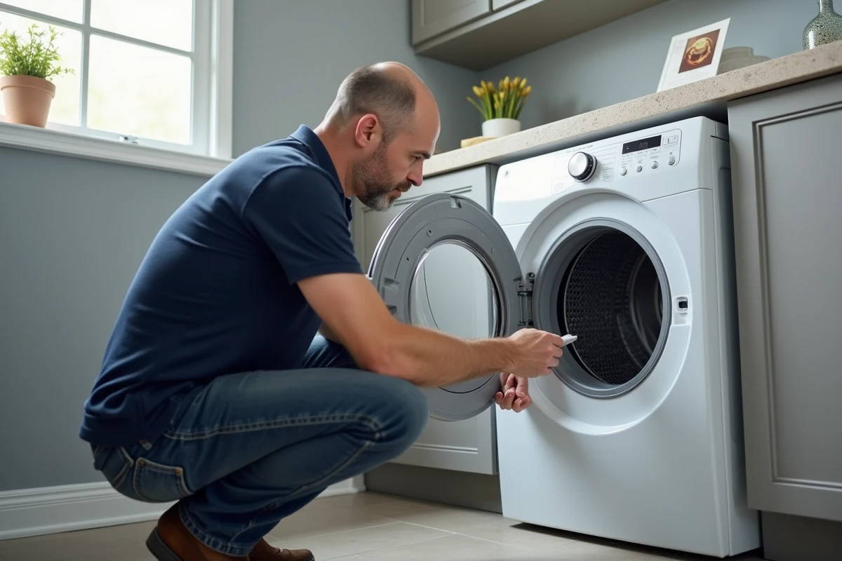 Homme inspectant l'intérieur d'un sèche-linge Whirlpool ouvert avec le manuel d'utilisation posé dessus