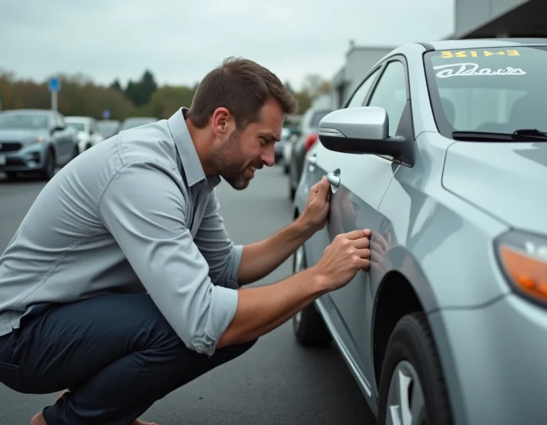 Homme inspectant la carrosserie d'une voiture d'occasion dans un parking de concessionnaire automobile