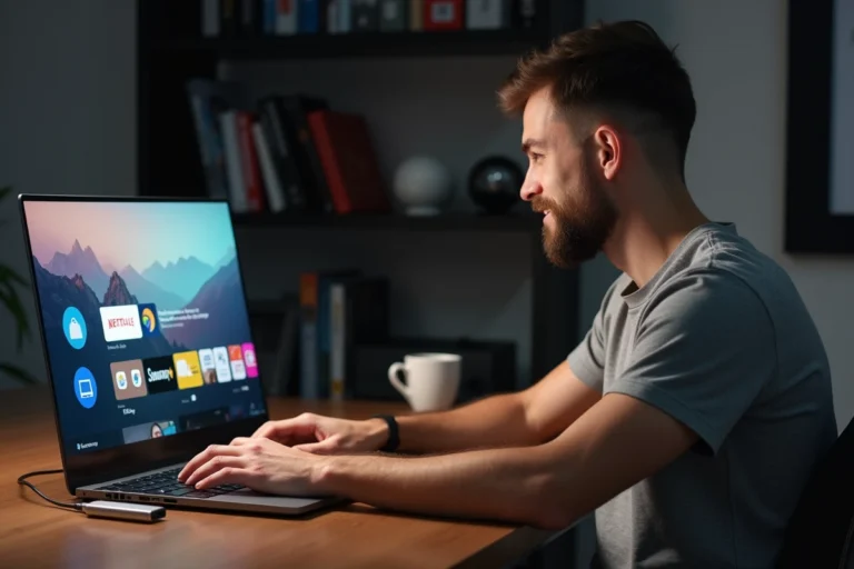 Homme installant Android TV sur un ordinateur portable depuis une clé USB dans un bureau à domicile