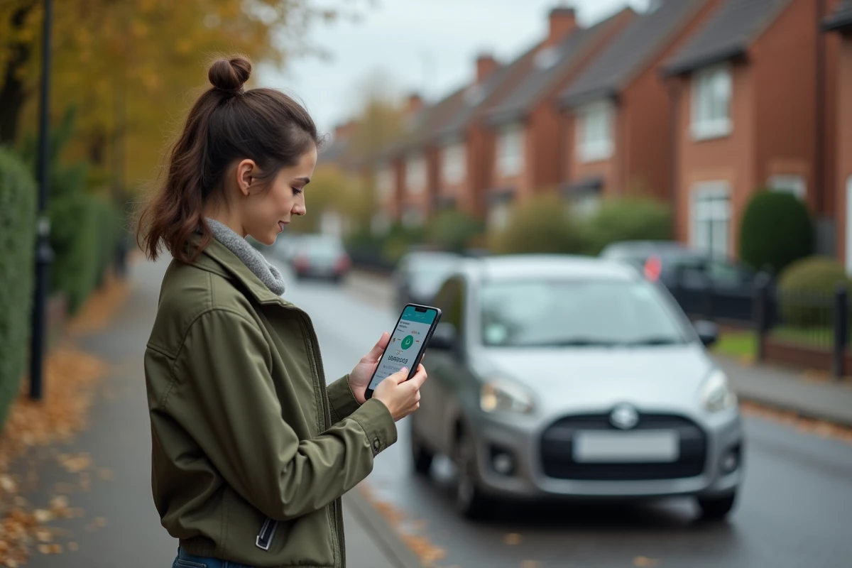 Woman checking the prices of a route on her smartphone before hitting the road by car
