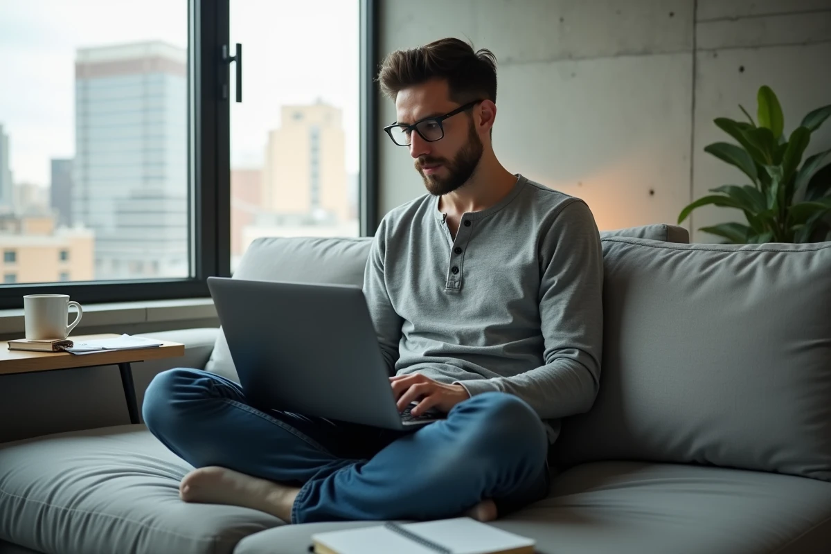 Jeune entrepreneur travaillant sur son laptop dans un appartement moderne avec vue sur la ville pour développer son activité en ligne