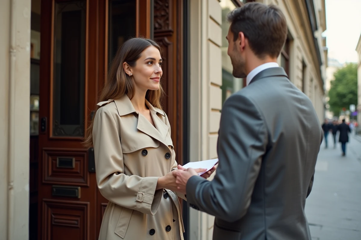 Jeune femme remettant une enveloppe à un notaire devant un bureau parisien
