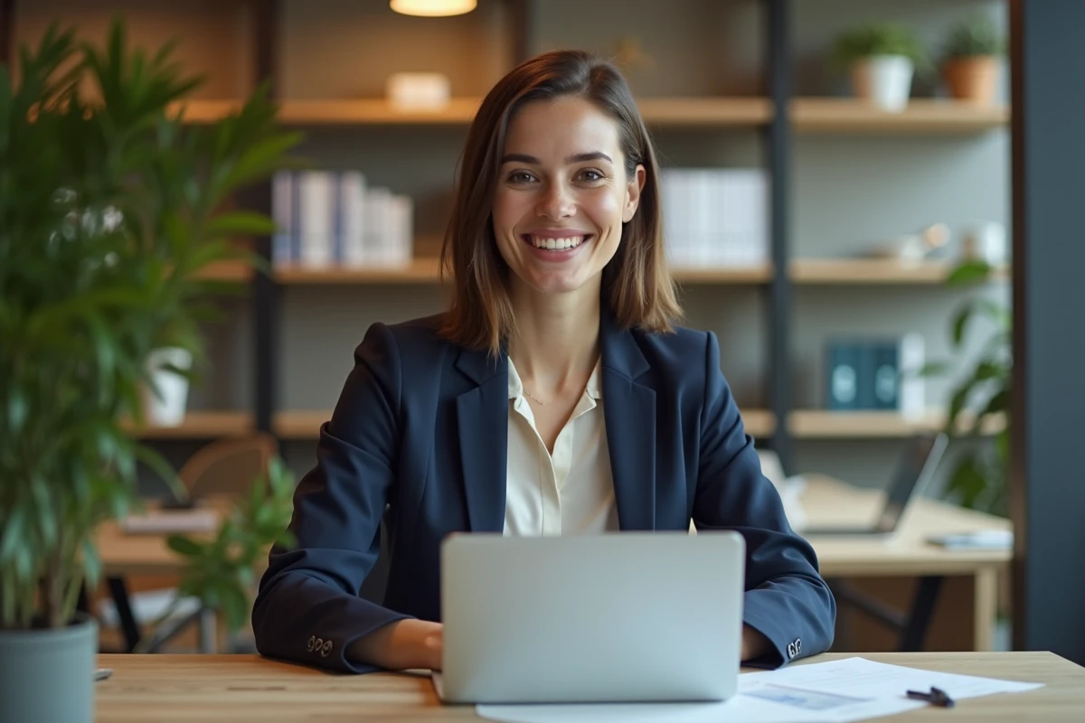 Jeune femme souriante travaillant sur son ordinateur portable