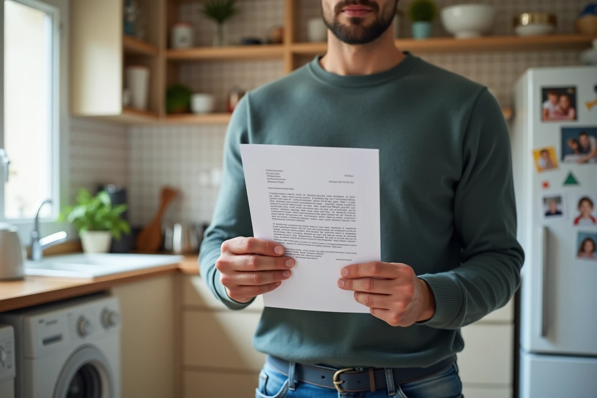 Jeune homme examinant une lettre administrative chez lui