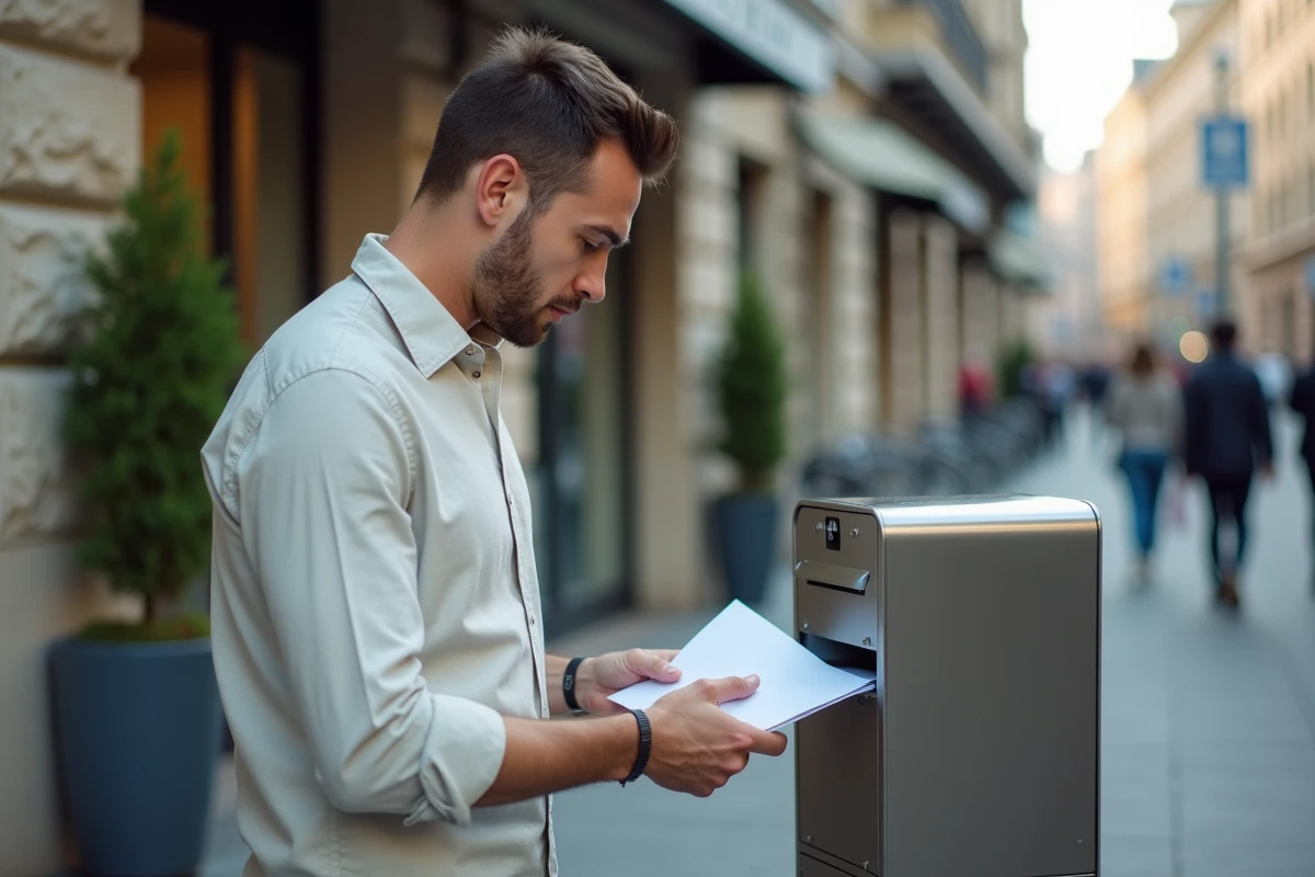 Jeune homme postant une enveloppe dans une boîte aux lettres urbaine