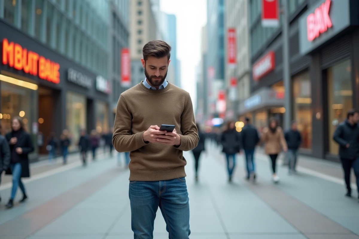 Jeune homme urbain vérifiant notifications sur smartphone
