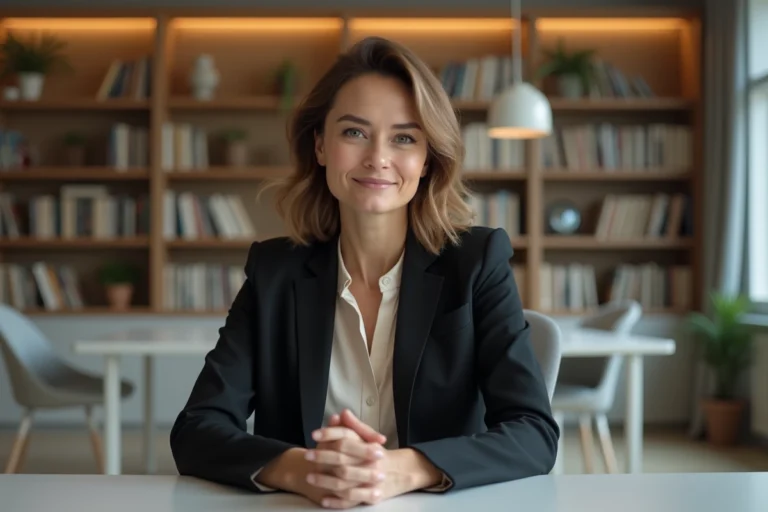 Journaliste femme professionnelle assise à son bureau dans un bureau éditorial moderne, expression composée et assurée