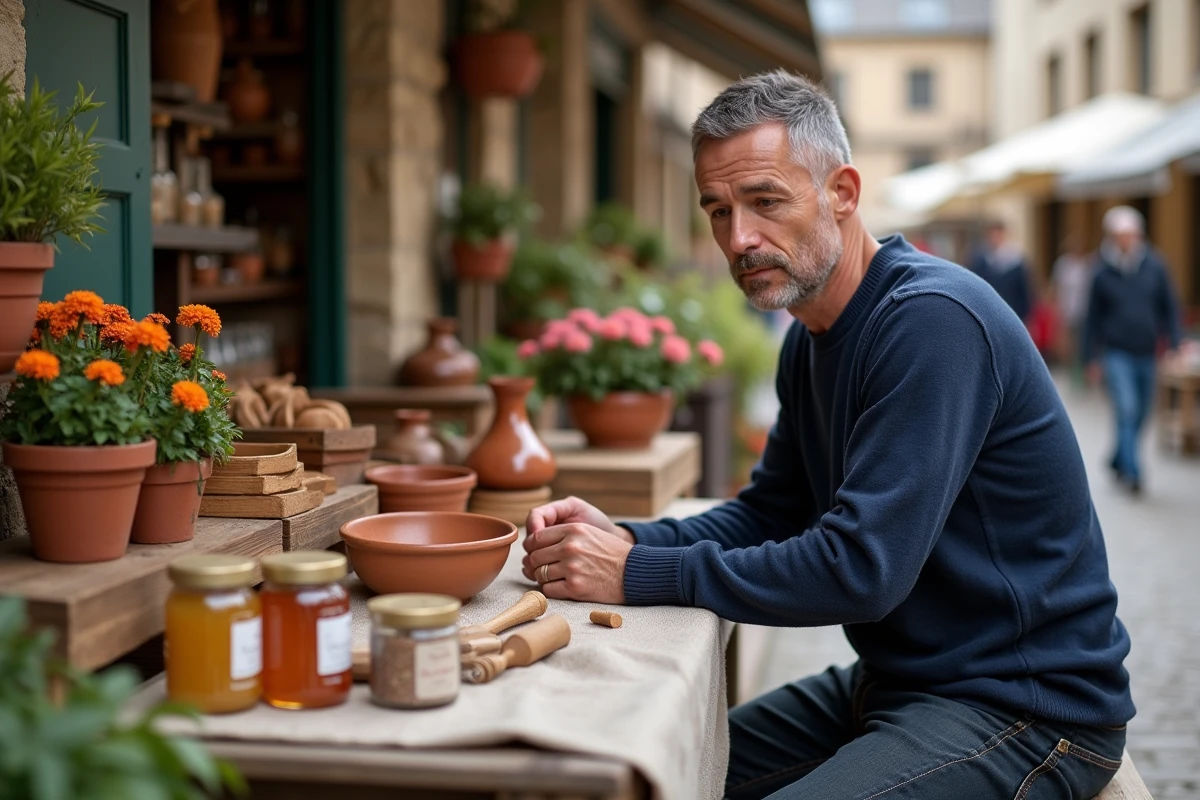Homme découvrant les produits artisanaux locaux sur un marché traditionnel du Cœur Pays de Retz
