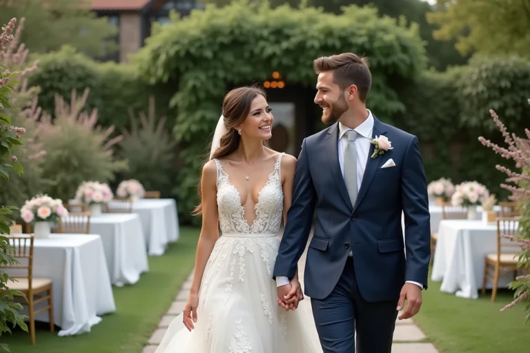 Jeune couple de mariés dans un jardin romantique