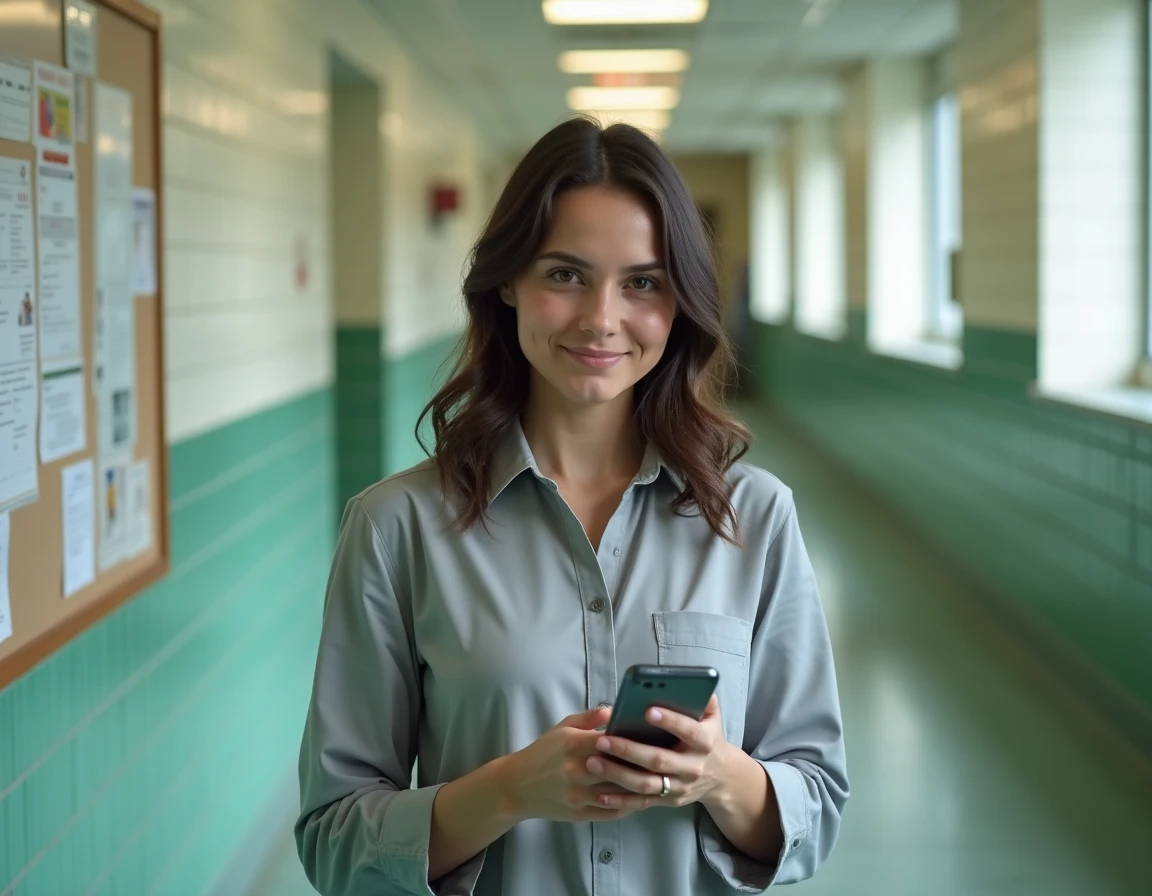 Jeune enseignante consultant la messagerie PIAL Nancy-Metz sur smartphone dans un couloir d'école