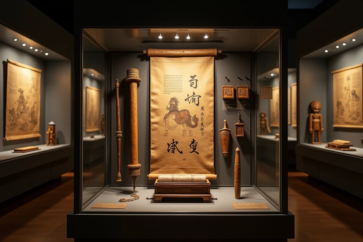 Vitrine muséale présentant des instruments historiques et des manuscrits anciens sur les pratiques de torture en Asie orientale