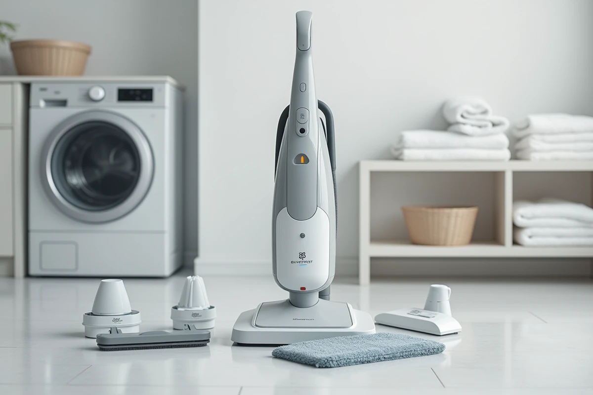 Nettoyeur vapeur Silvercrest et ses accessoires présentés dans une buanderie propre et organisée