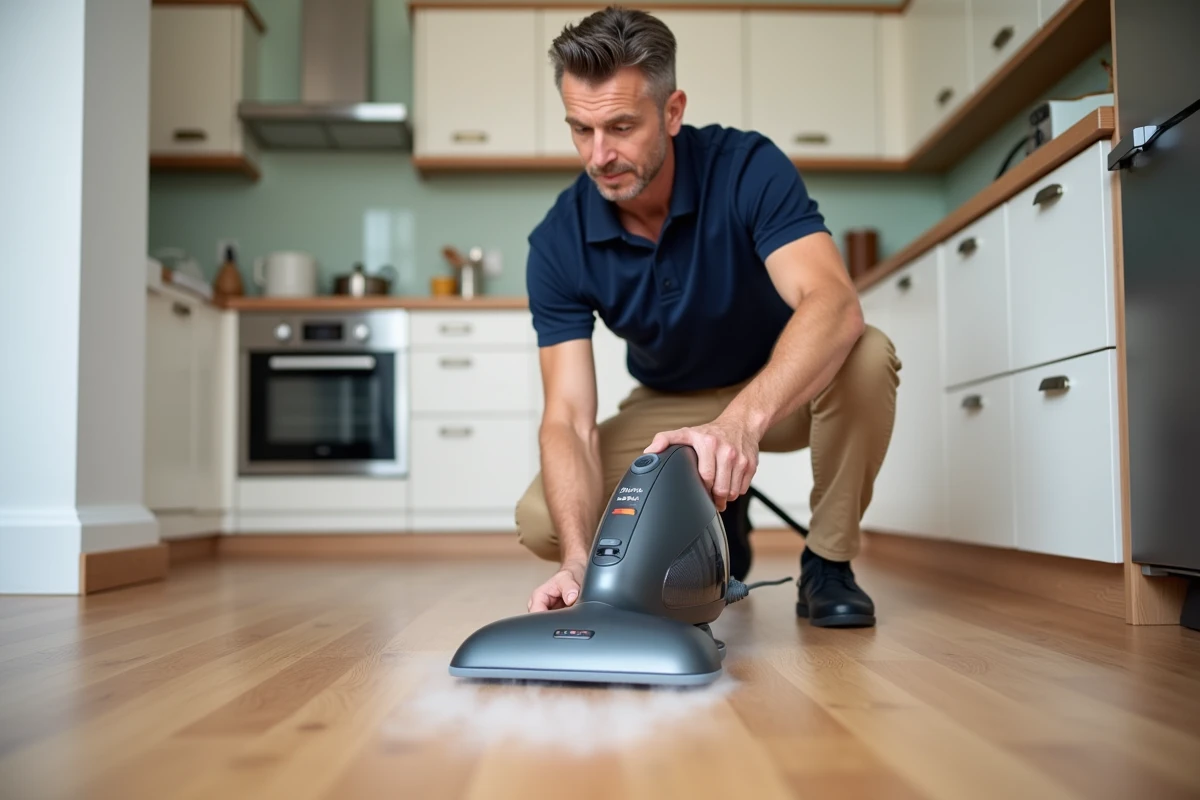 Homme nettoyant un parquet en bois avec un nettoyeur vapeur Silvercrest dans une cuisine moderne