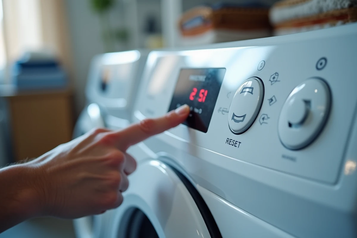 Gros plan sur le panneau de commande d'un sèche-linge Whirlpool 6th Sense affichant un code erreur avec doigt près du bouton de réinitialisation