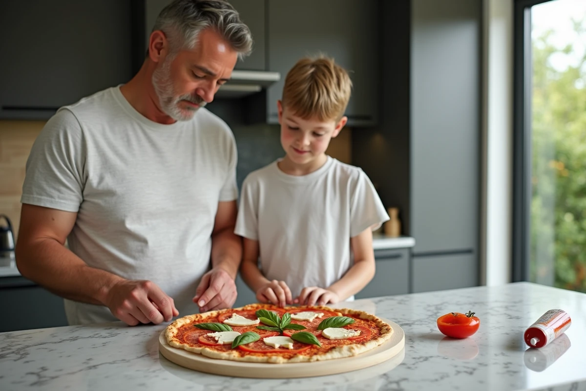 Père et adolescent préparant une pizza maison ensemble sur un plan de travail en marbre dans une cuisine moderne