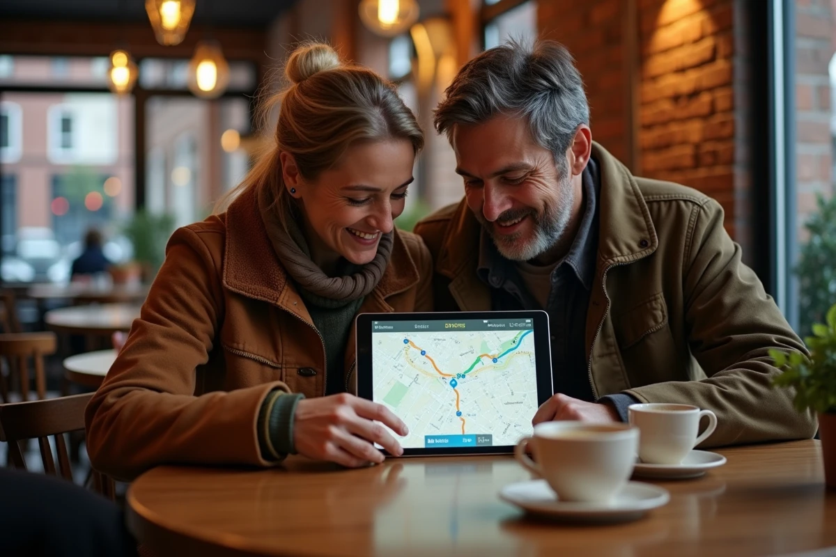 Couple planning and calculating the cost of a road itinerary on a tablet in a café