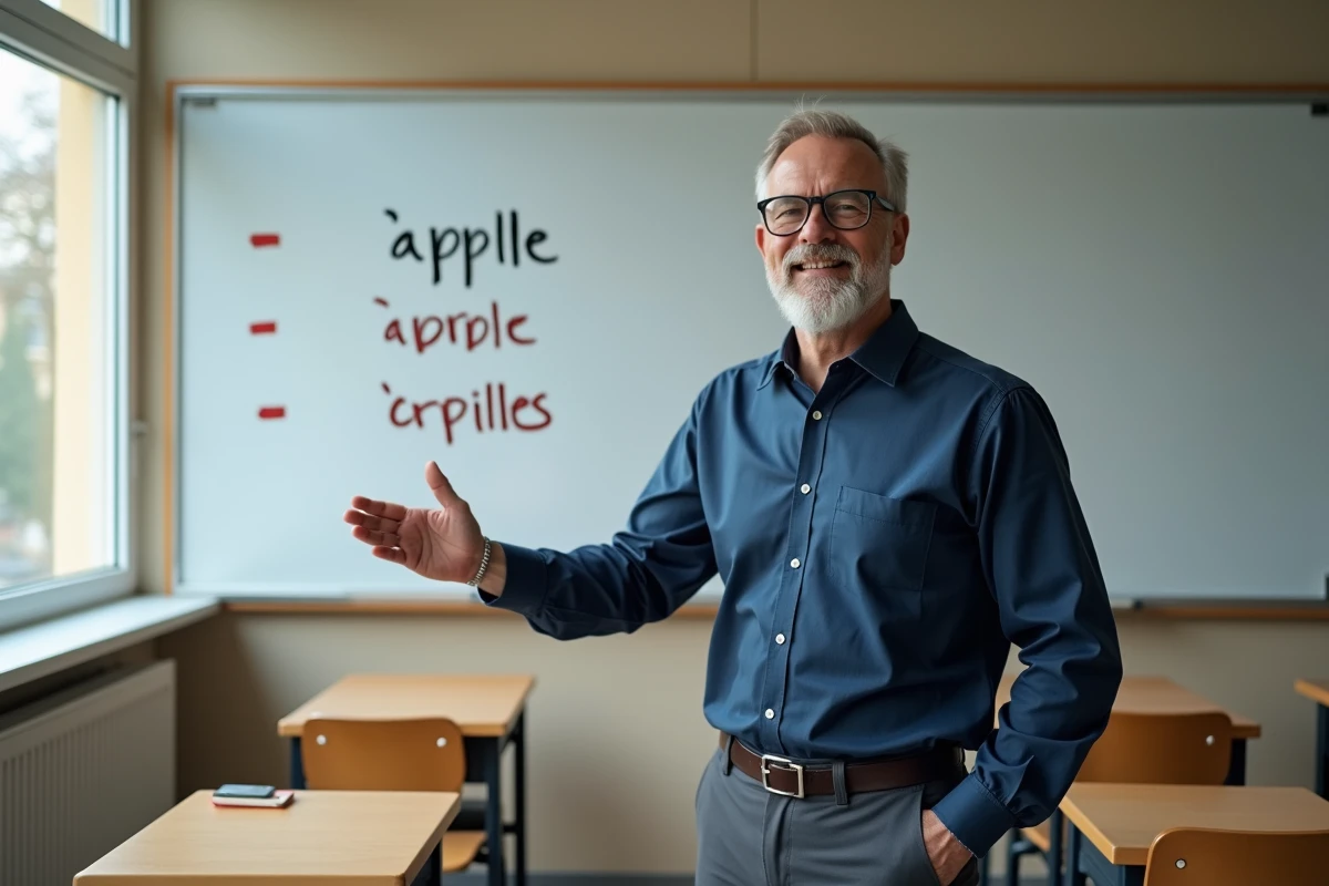 Professeur de français expliquant la conjugaison du verbe appeler devant un tableau blanc en salle de classe