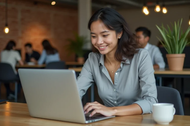 Jeune professionnelle utilisant une plateforme de questions-réponses en ligne sur son ordinateur portable dans un espace de coworking moderne