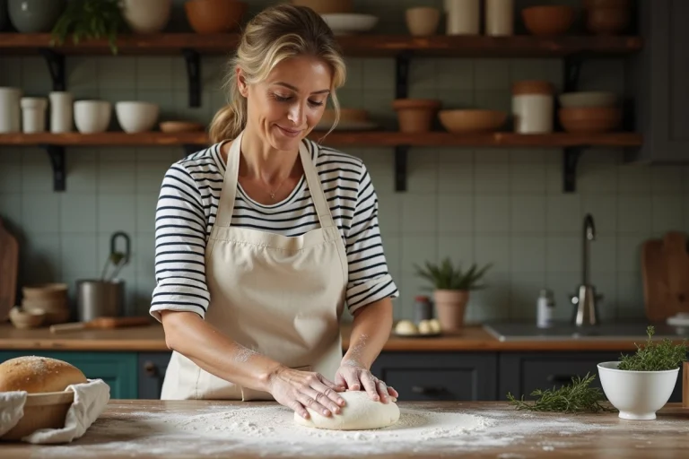 Femme pétrissant de la pâte à pain sur un plan de travail en bois dans une cuisine familiale chaleureuse