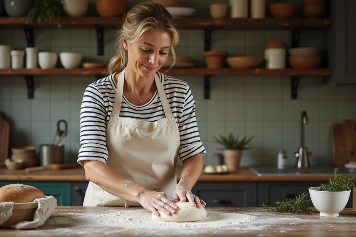 Femme pétrissant de la pâte à pain sur un plan de travail en bois dans une cuisine familiale chaleureuse