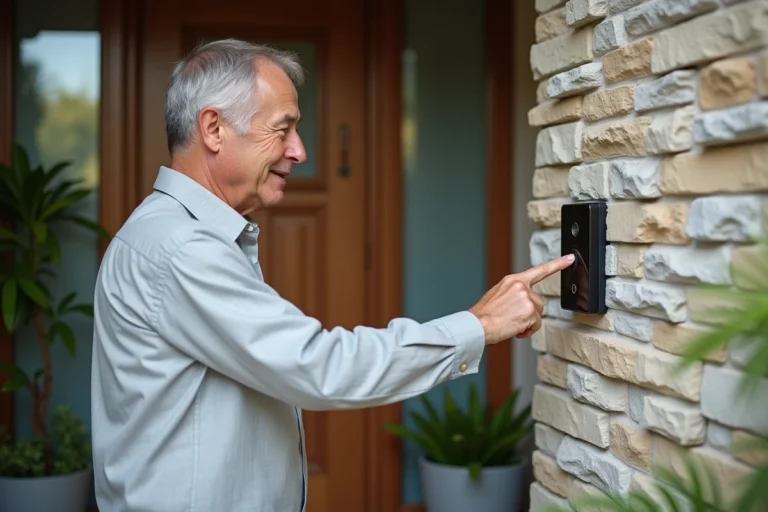 Homme ajustant le volume d'un interphone vidéo mural à l'entrée d'une maison moderne