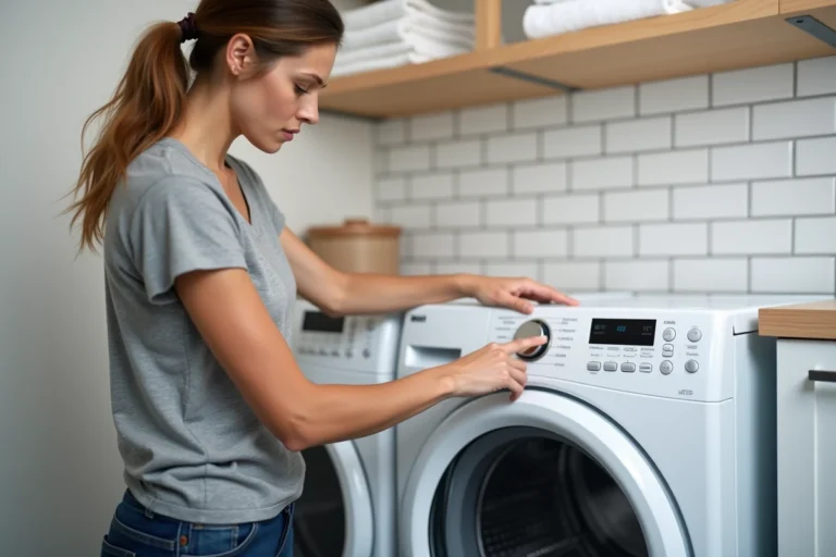 Femme appuyant sur les boutons du panneau de commande d'un sèche-linge Whirlpool 6th Sense pour le réinitialiser