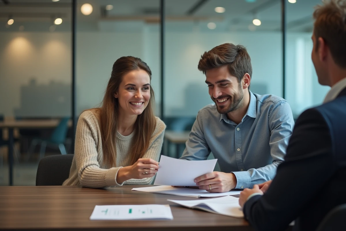 Couple en rendez-vous avec un conseiller Crédit Foncier en agence pour discuter d'un dossier de prêt immobilier