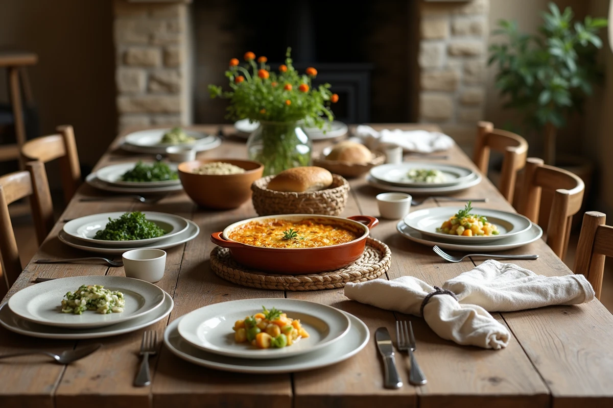 Table familiale dressée avec un gratin de légumes maison, une salade verte et du pain dans une salle à manger rustique