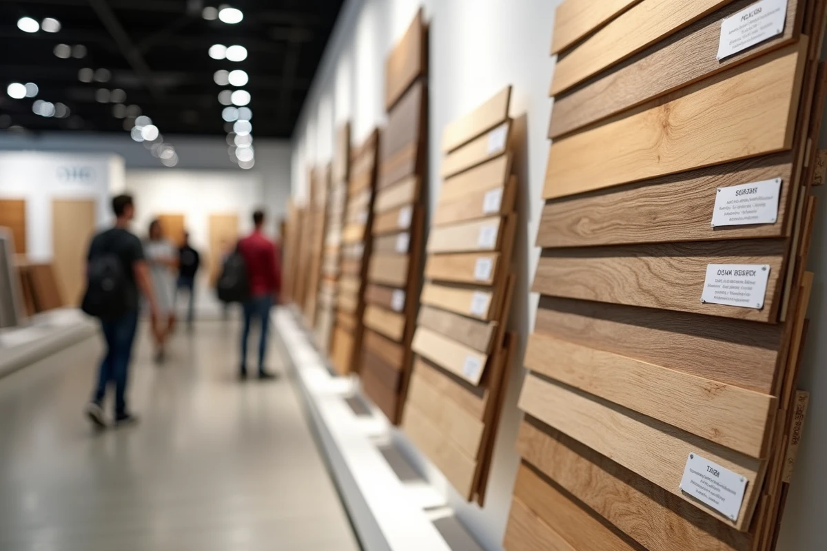 Showroom de rénovation exposant des échantillons de parquet en bois massif et de panneaux composites innovants
