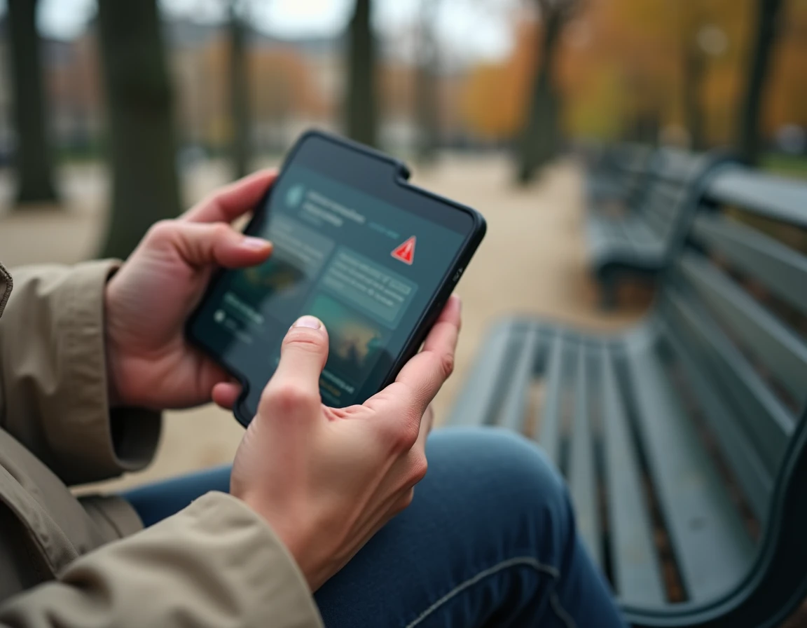 Mains tenant un smartphone affichant une alerte sur les réseaux sociaux liée au voyeurisme et à la diffusion non consentie de vidéos