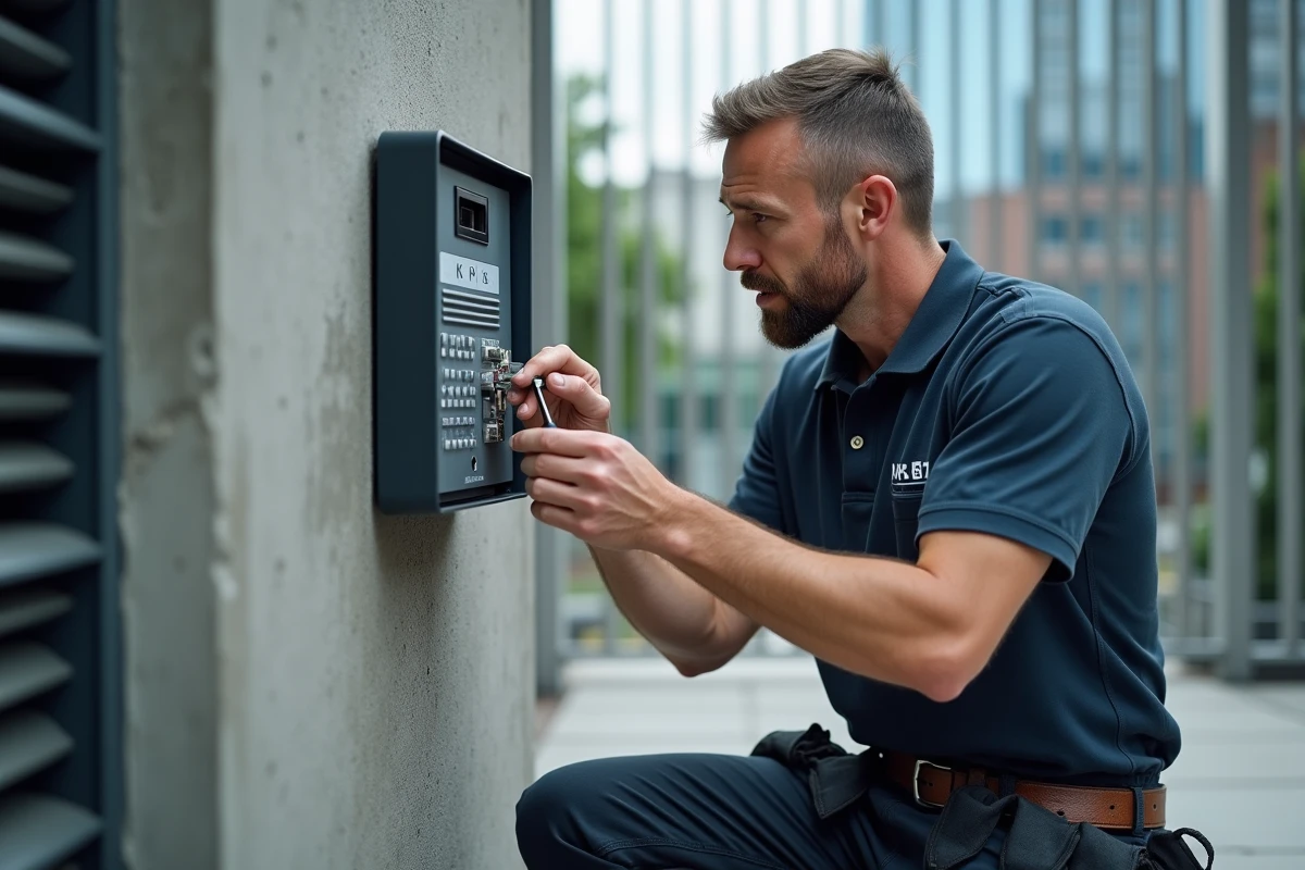 Technicien professionnel réglant l'amplificateur interne d'un interphone installé sur un portail de bâtiment commercial