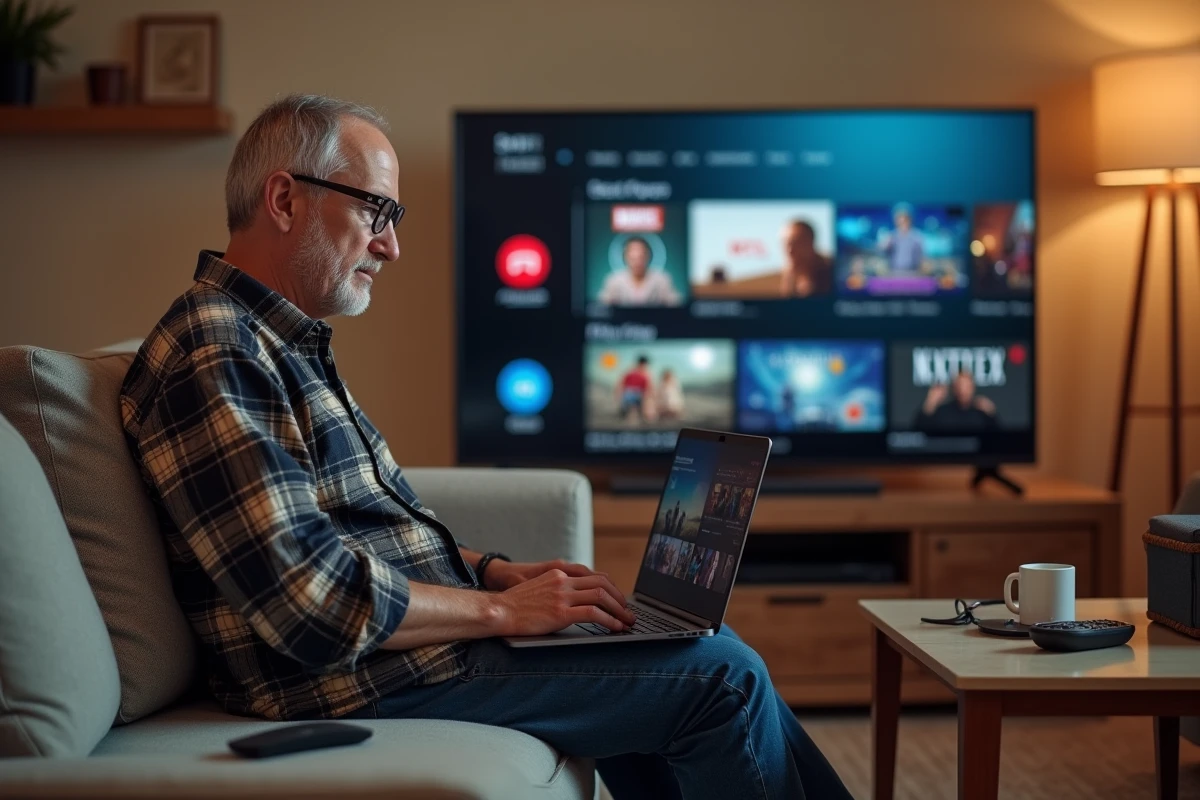 Homme utilisant Android TV installé sur un laptop depuis son canapé dans un salon moderne